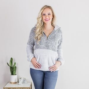 'Block Party' Two Toned Sherpa Pullover - Grey